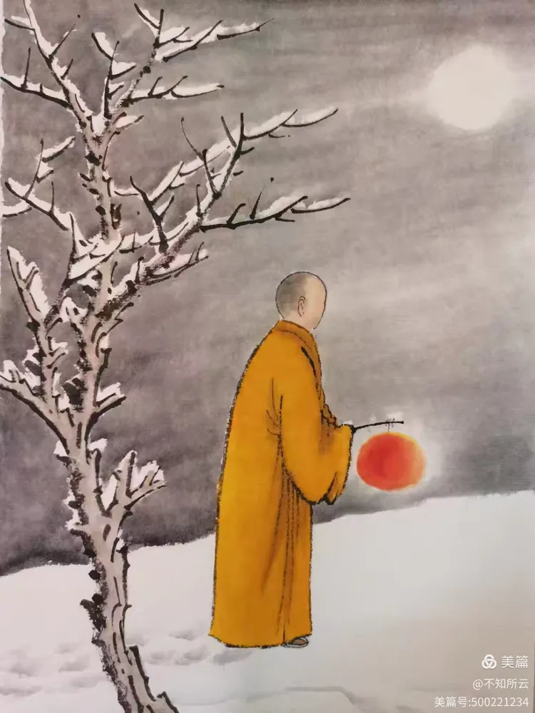 他的背影与背后的山峰融为一体,形成一幅宁静而深沉的画面